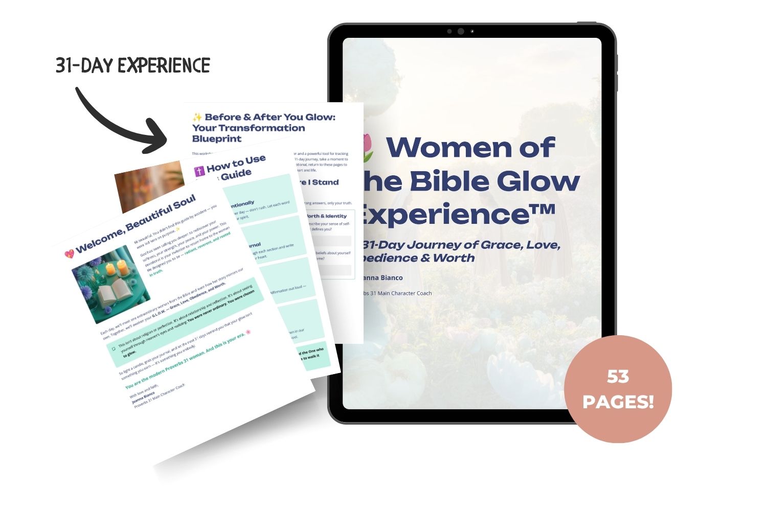 Women of the Bible Glow Experience - 31-Day Devotional with sample pages showing transformation blueprint and 53 pages of content